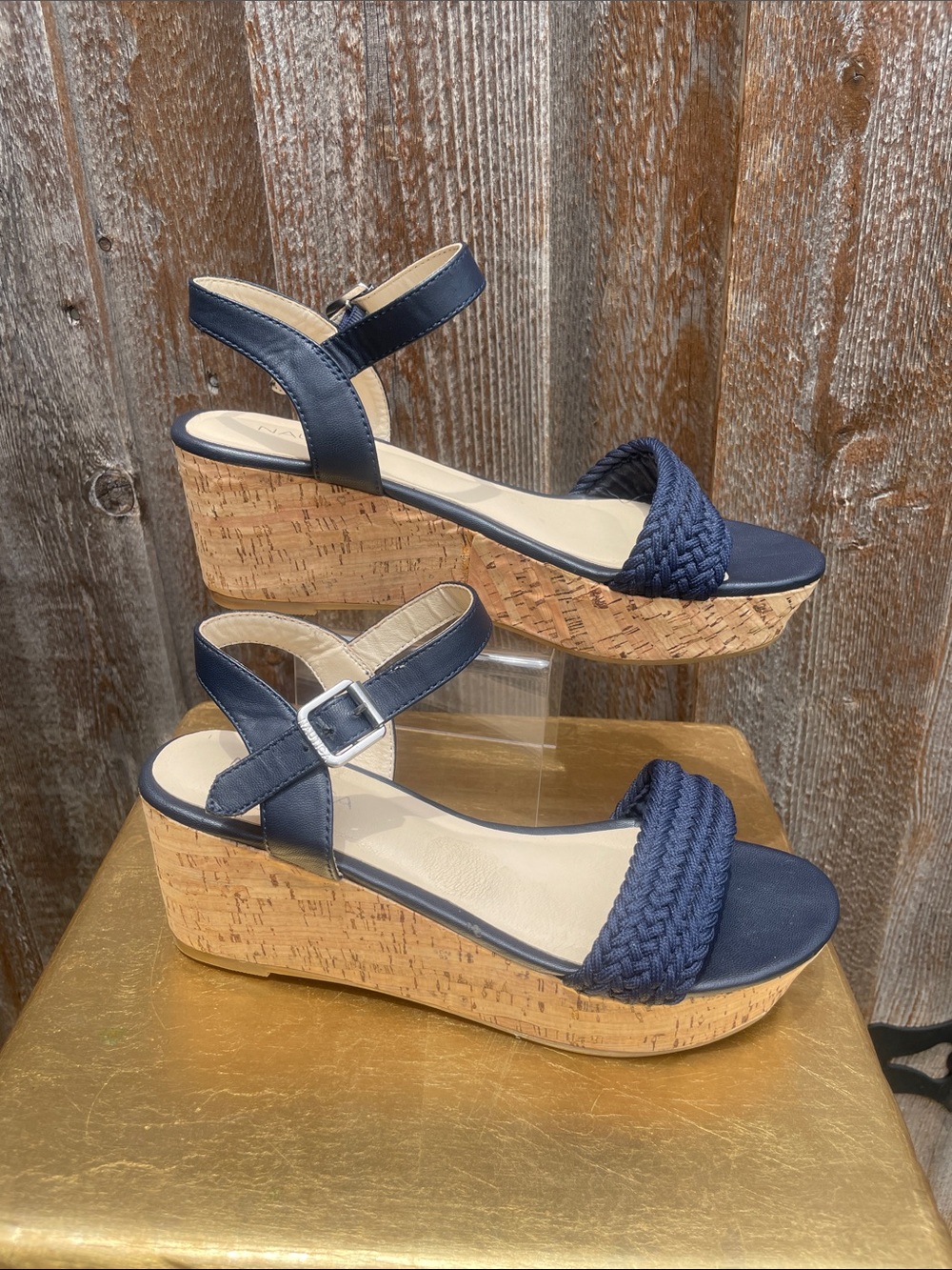 Nautica Navy Braided Strap Cork Wedge Sandals